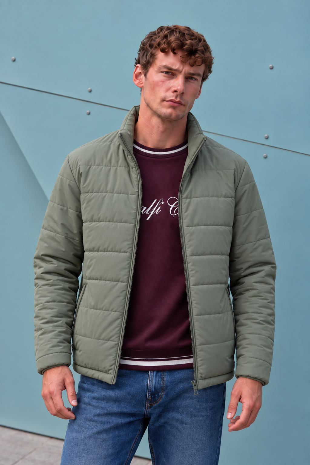 Men’s Nylon Reversible Puffer Jacket – Olive & Light Olive Regular Fit Full-Zip Winter Jacket