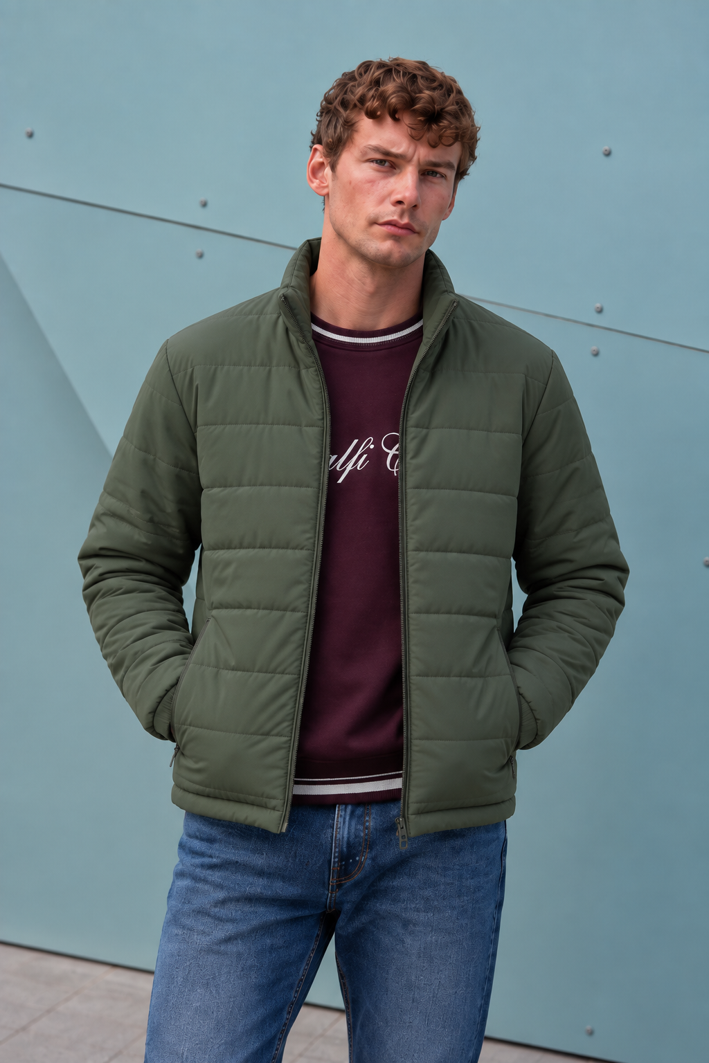 Men’s Nylon Reversible Puffer Jacket – Olive & Light Olive Regular Fit Full-Zip Winter Jacket
