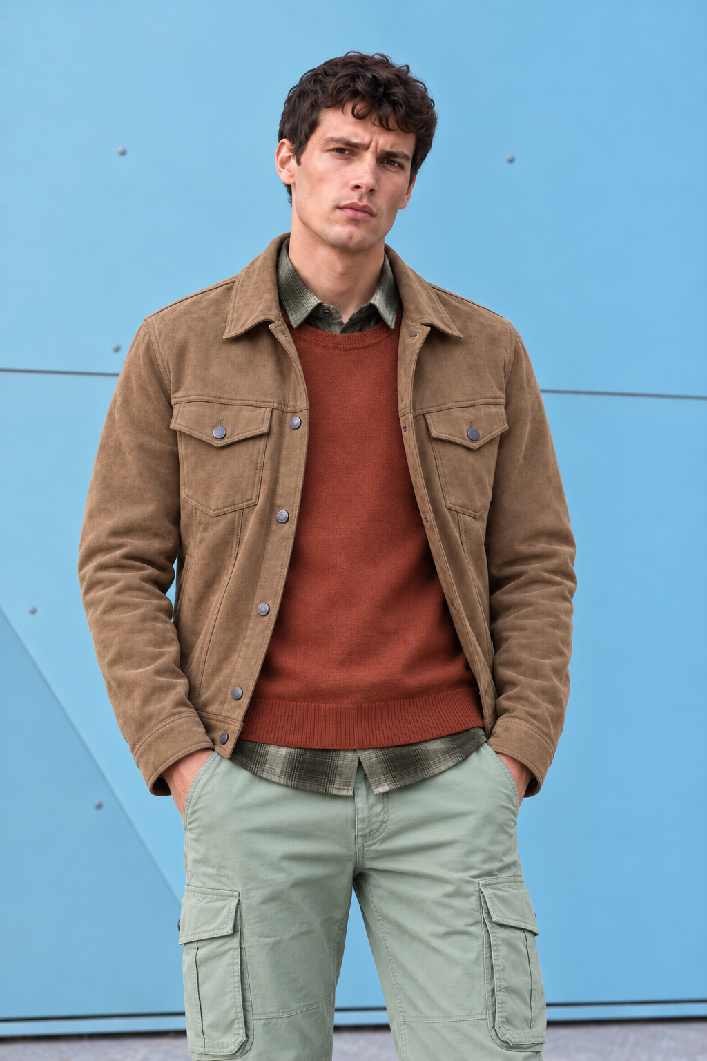 Men’s Cocoa Knit Suede Trucker Jacket – Regular Fit Button-Front Casual Jacket