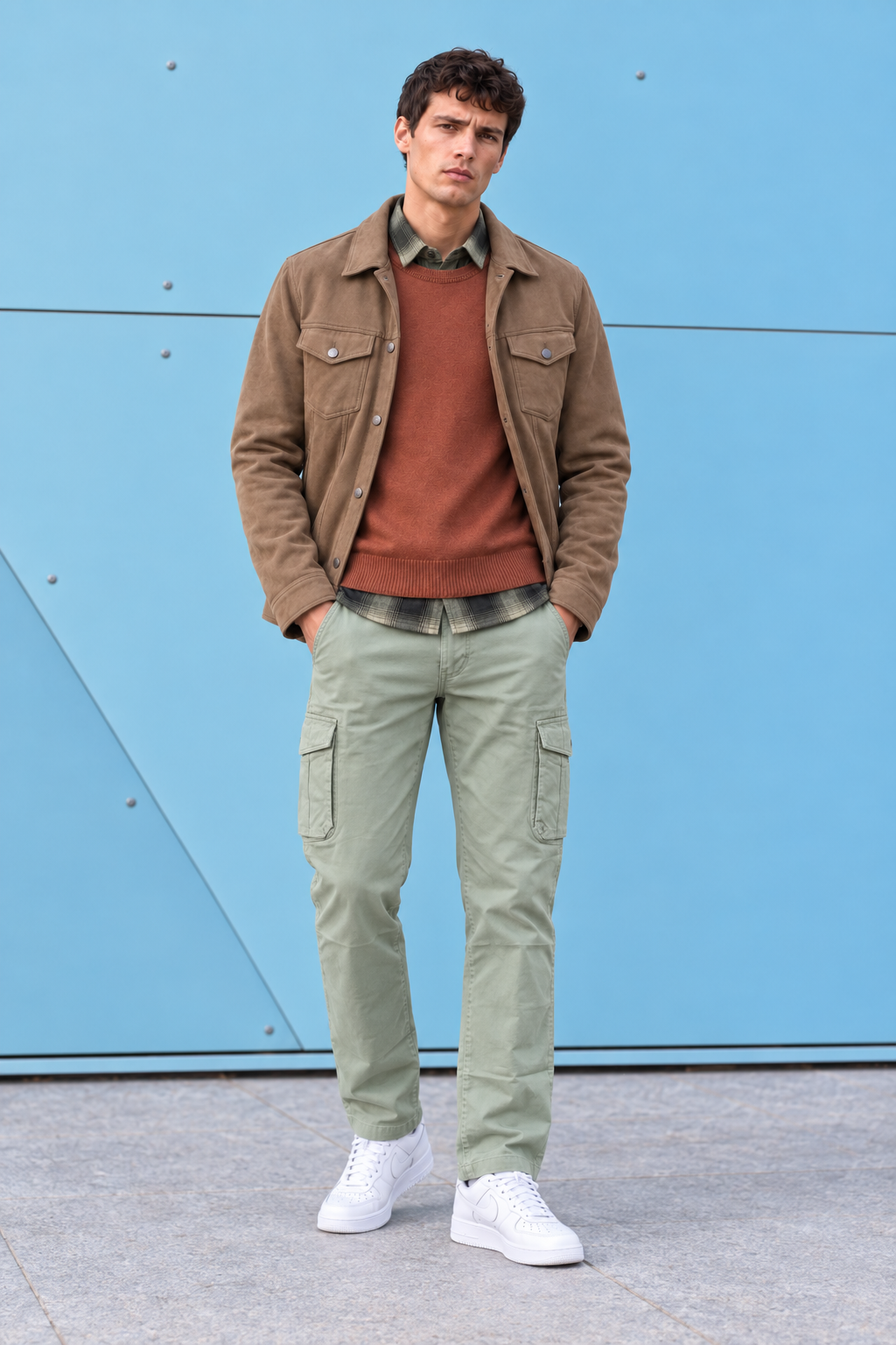 Men’s Cocoa Knit Suede Trucker Jacket – Regular Fit Button-Front Casual Jacket