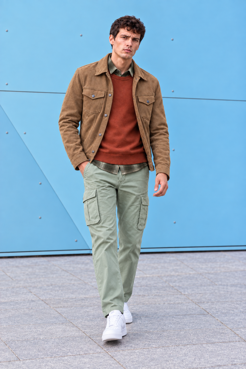 Men’s Cocoa Knit Suede Trucker Jacket – Regular Fit Button-Front Casual Jacket