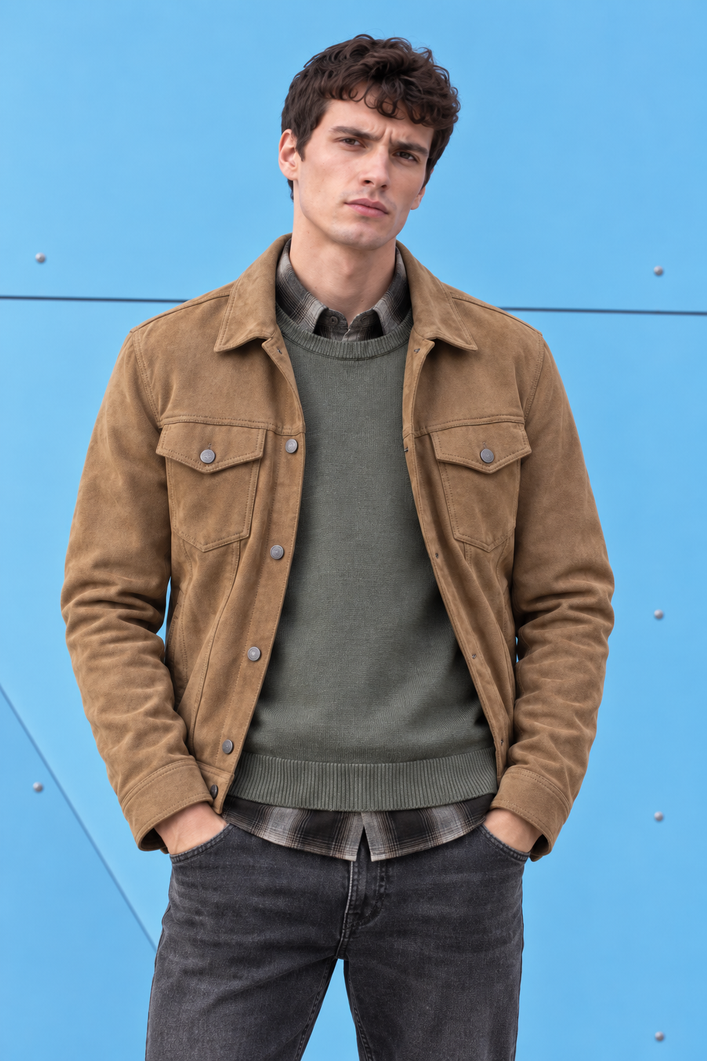Men’s Khakhi Knit Suede Trucker Jacket – Regular Fit Button-Front Casual Jacket