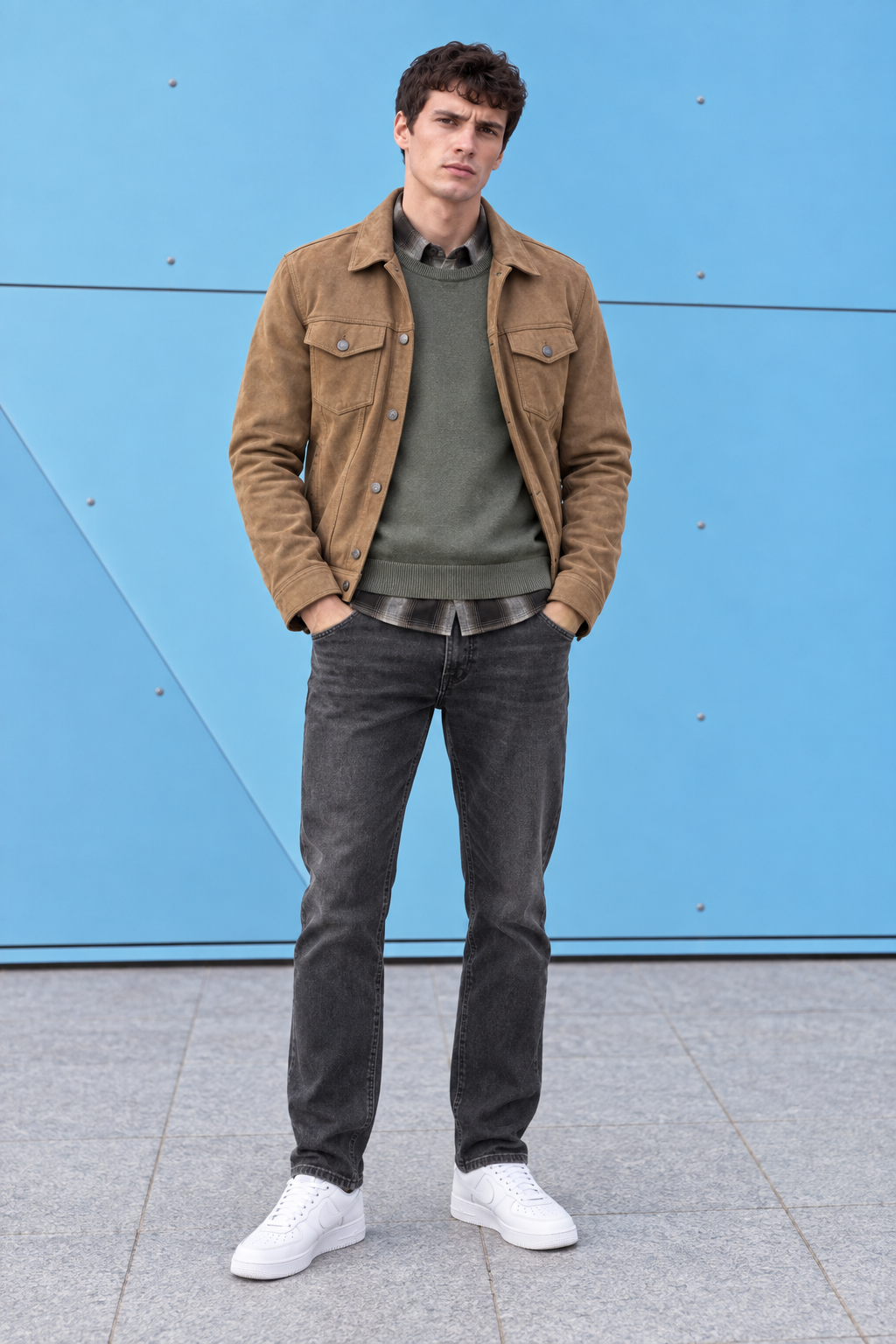 Men’s Khakhi Knit Suede Trucker Jacket – Regular Fit Button-Front Casual Jacket