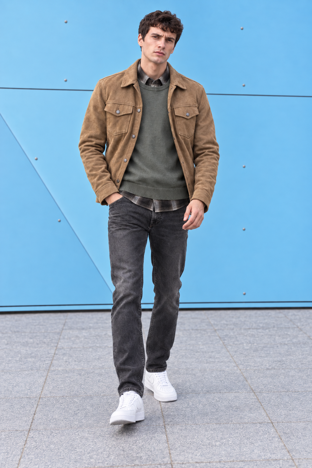 Men’s Khakhi Knit Suede Trucker Jacket – Regular Fit Button-Front Casual Jacket
