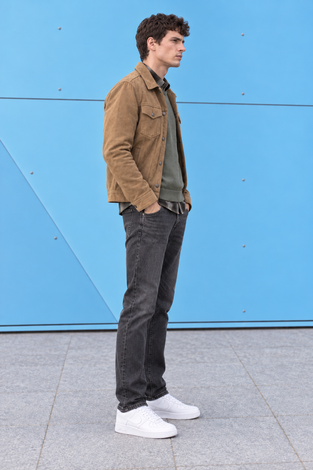 Men’s Khakhi Knit Suede Trucker Jacket – Regular Fit Button-Front Casual Jacket