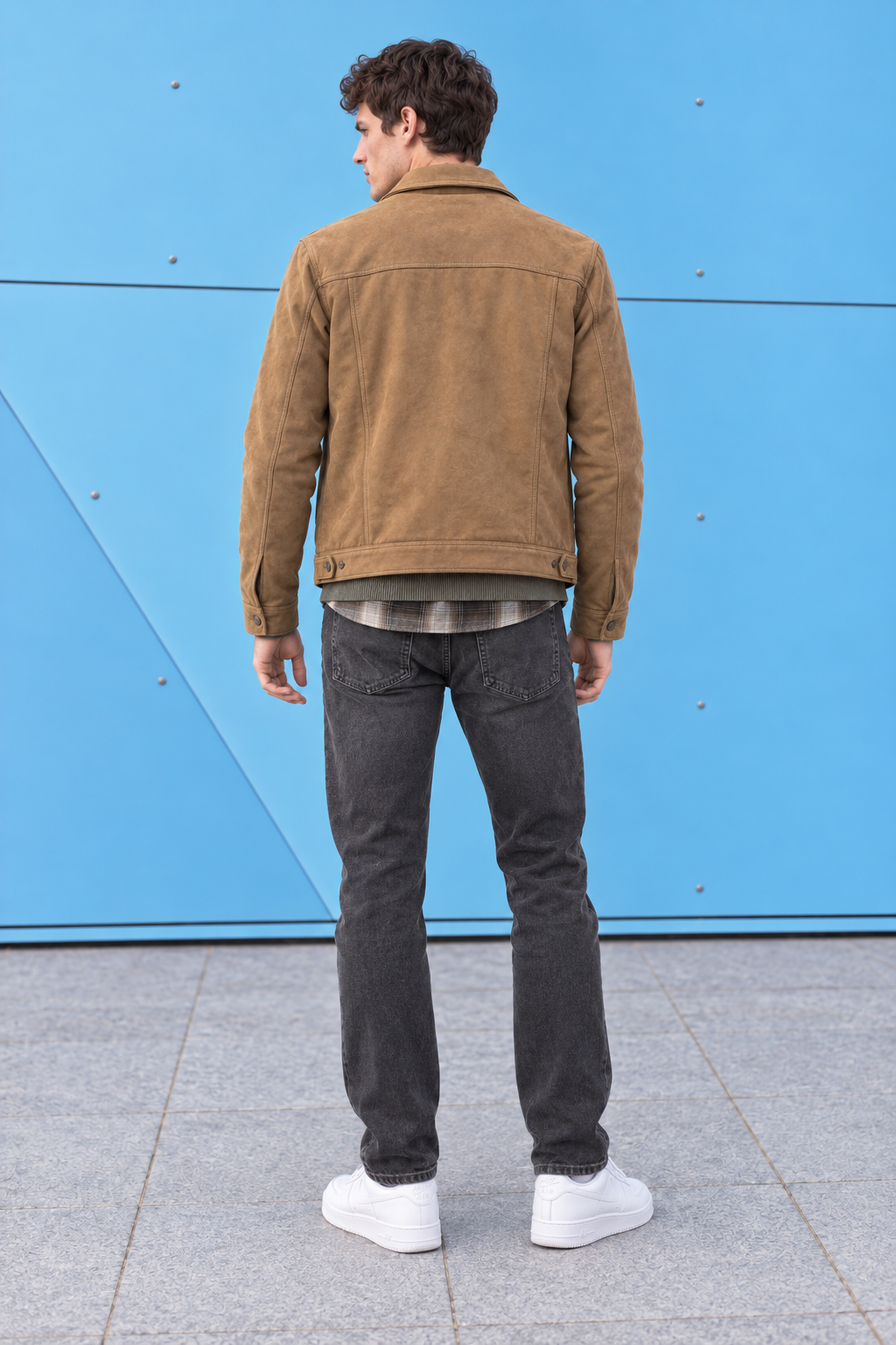 Men’s Khakhi Knit Suede Trucker Jacket – Regular Fit Button-Front Casual Jacket