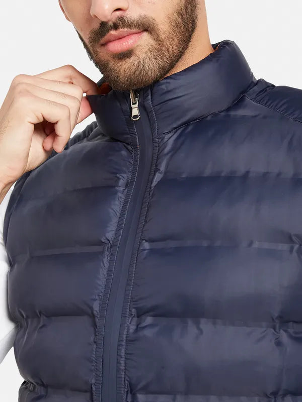 Mettle Men Navy Blue Colourblocked Reversible Tailored Jacket