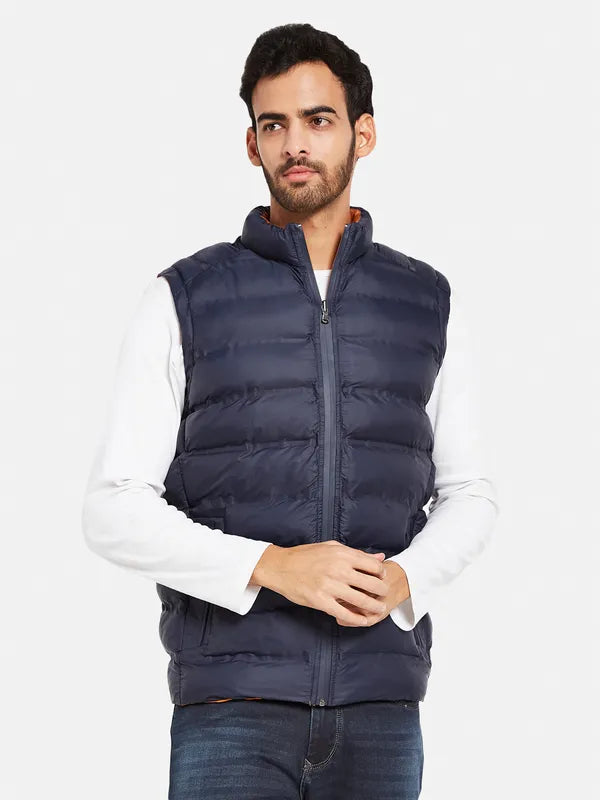 Mettle Men Navy Blue Colourblocked Reversible Tailored Jacket