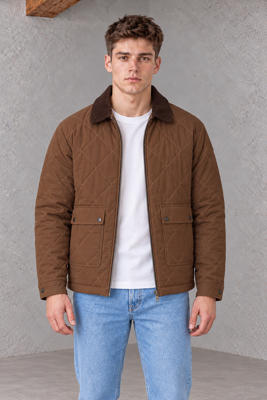 Men’s Tan Regular Fit Urban Core Quilted Jacket with Corduroy Collar