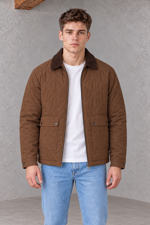 Men’s Tan Regular Fit Urban Core Quilted Jacket with Corduroy Collar
