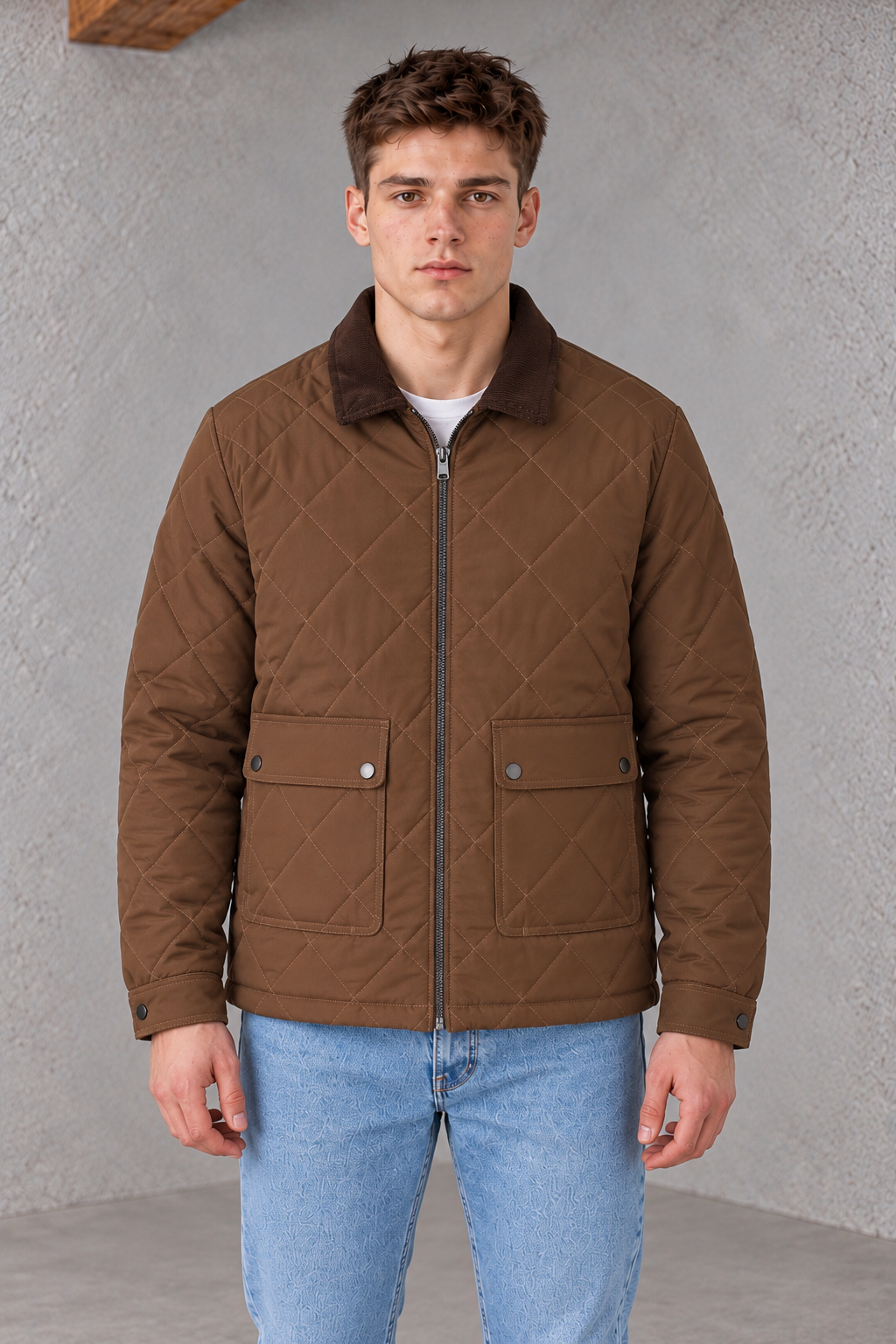Men’s Tan Regular Fit Urban Core Quilted Jacket with Corduroy Collar