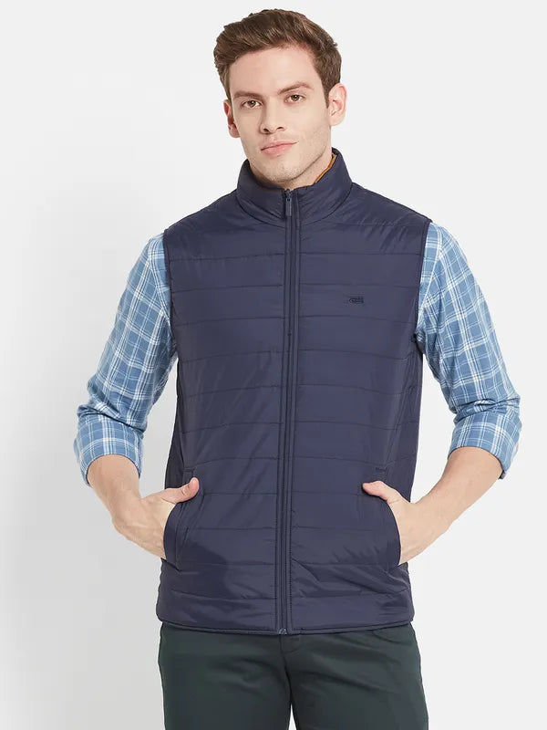 Men Navy Blue Solid Padded Jacket