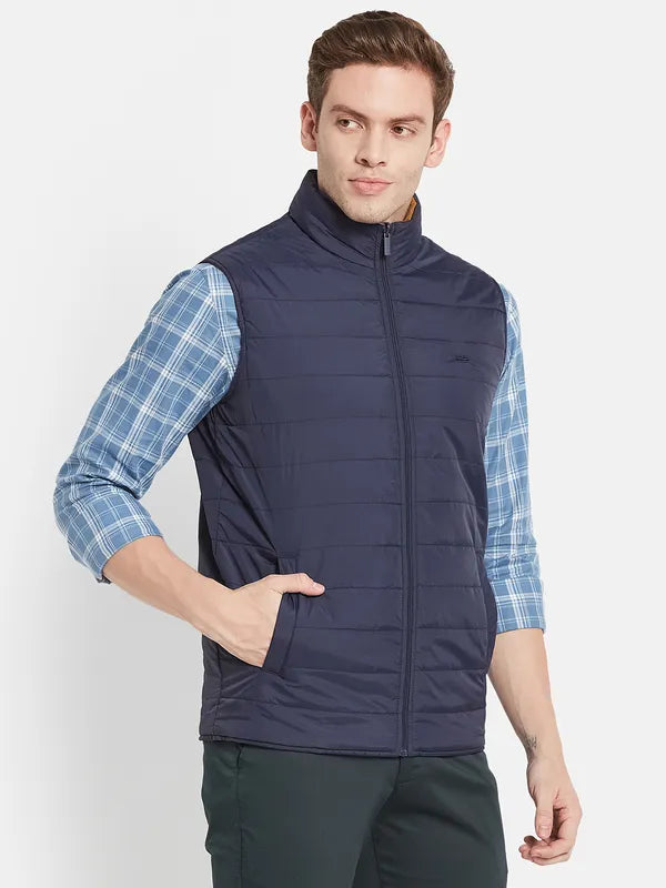 Men Navy Blue Solid Padded Jacket