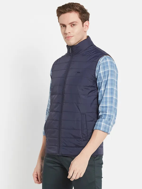 Men Navy Blue Solid Padded Jacket