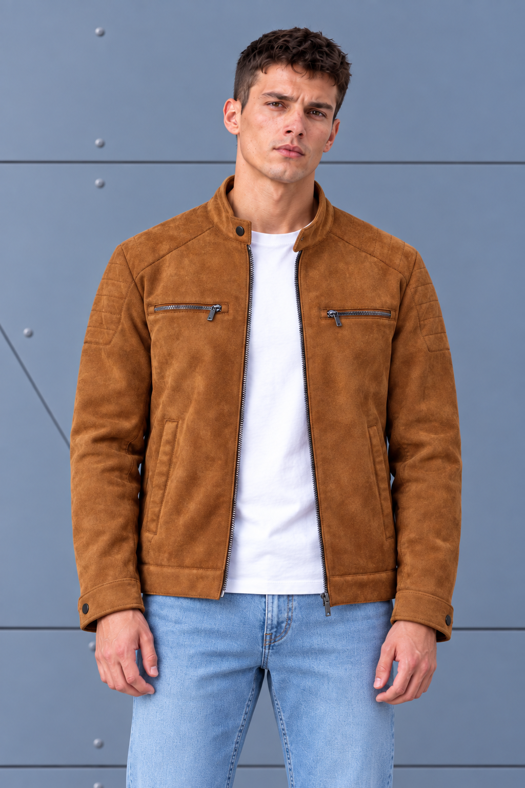 Men’s Regular Fit Knitted Suede Full-Zip Jacket with Stand Collar – Tan