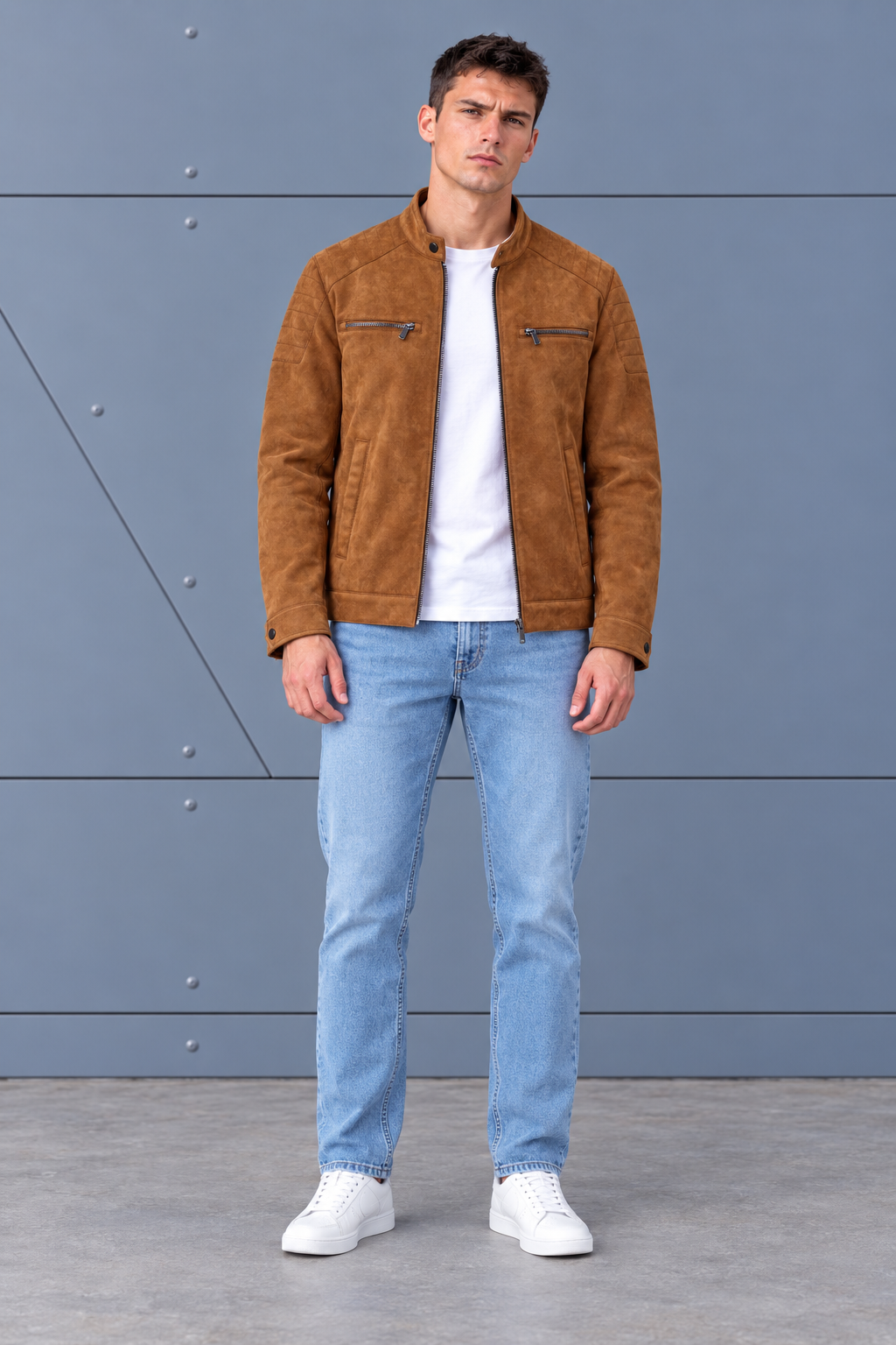 Men’s Regular Fit Knitted Suede Full-Zip Jacket with Stand Collar – Tan