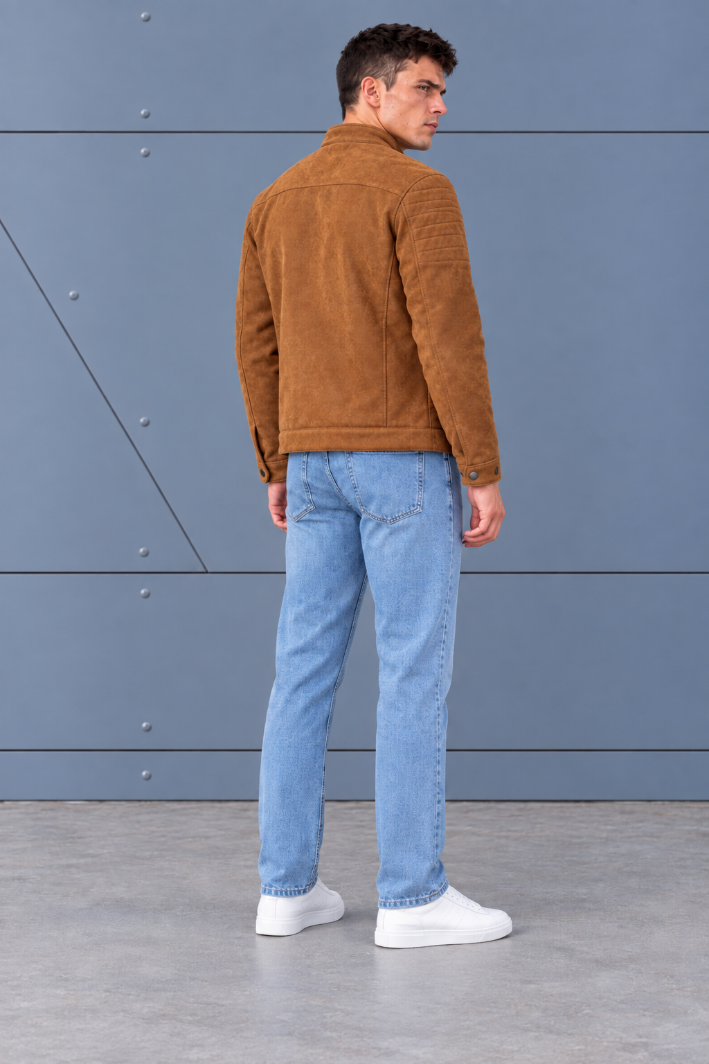 Men’s Regular Fit Knitted Suede Full-Zip Jacket with Stand Collar – Tan