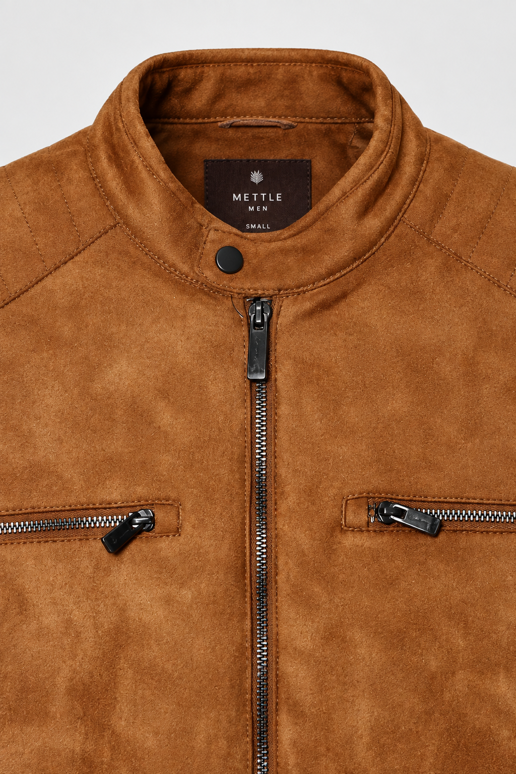 Men’s Regular Fit Knitted Suede Full-Zip Jacket with Stand Collar – Tan