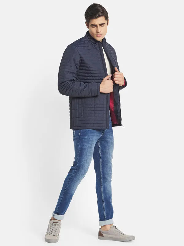 Mettle Men Navy Blue Striped Padded Jacket