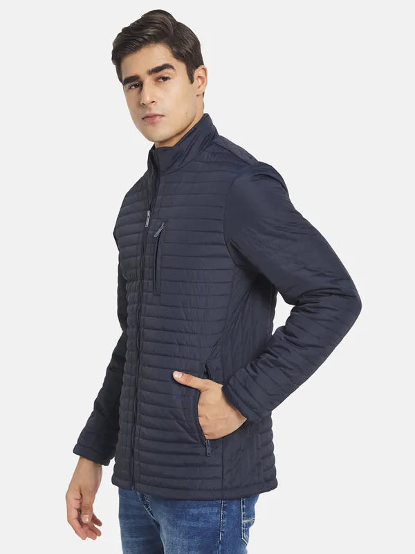 Mettle Men Navy Blue Striped Padded Jacket