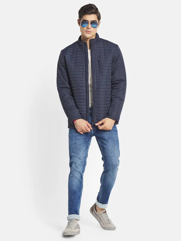 Mettle Men Navy Blue Striped Padded Jacket