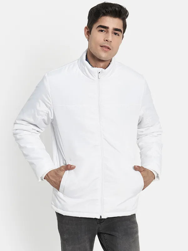 Men White Solid Bomber Jacket