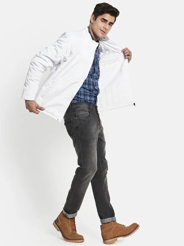 Men White Solid Bomber Jacket