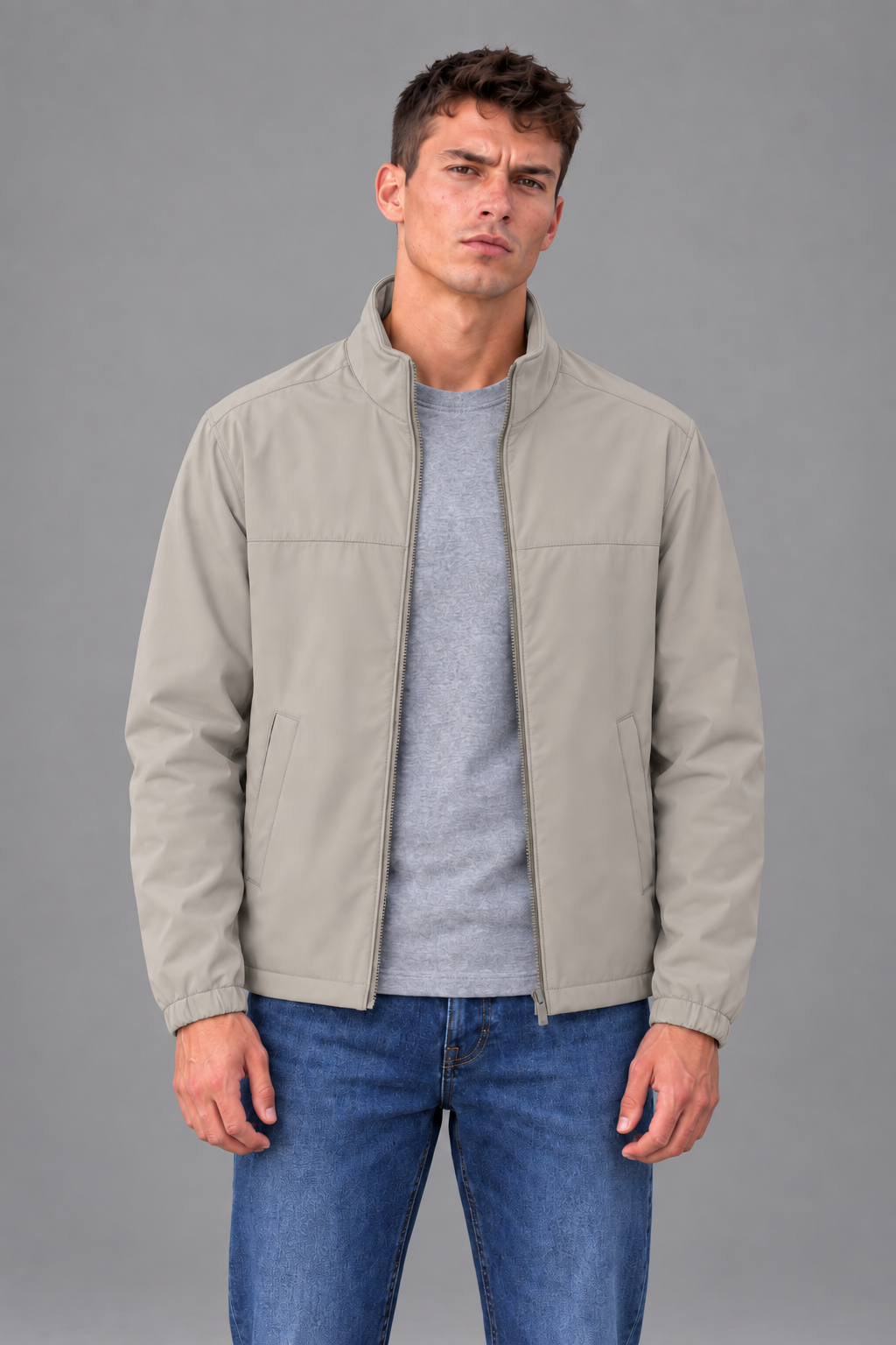 Men’s Regular Fit Woven Full-Zip Jacket with Stand Collar – Sand