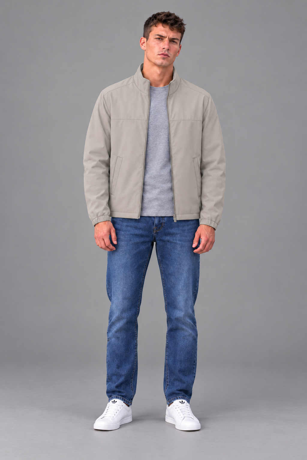 Men’s Regular Fit Woven Full-Zip Jacket with Stand Collar – Sand