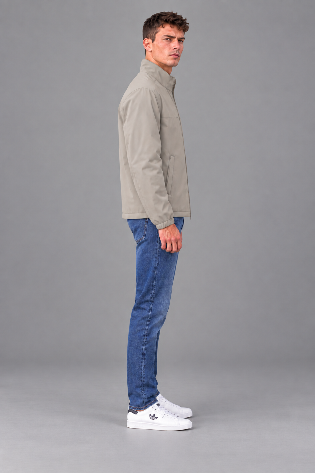 Men’s Regular Fit Woven Full-Zip Jacket with Stand Collar – Sand