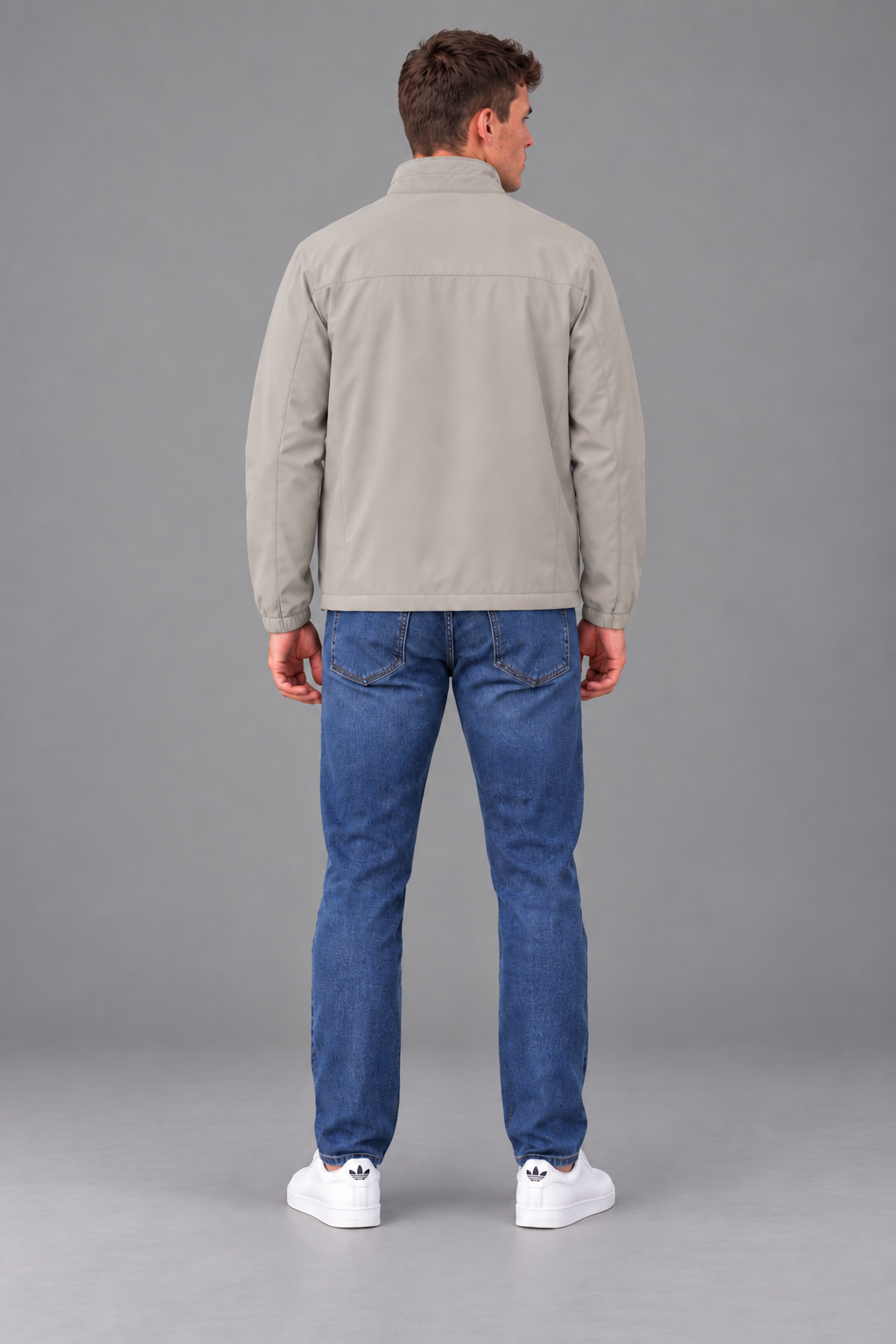 Men’s Regular Fit Woven Full-Zip Jacket with Stand Collar – Sand