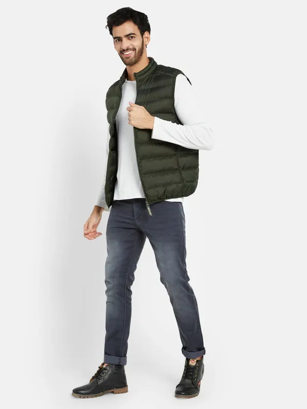 Mettle Men Olive Green Camouflage Crop Quilted Jacket