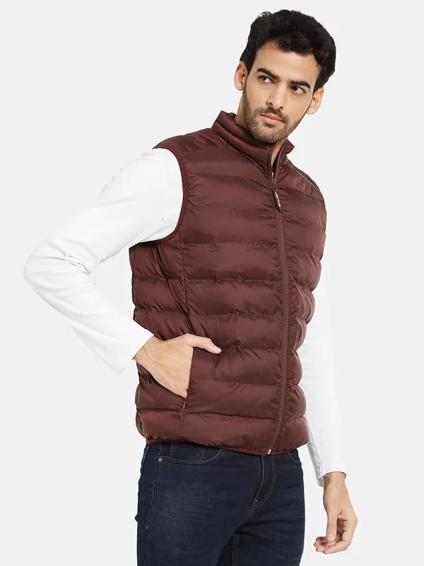 Mettle Men Maroon Geometric Padded Jacket