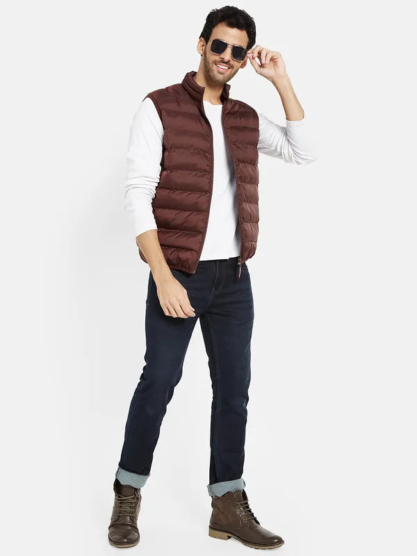 Mettle Men Maroon Geometric Padded Jacket