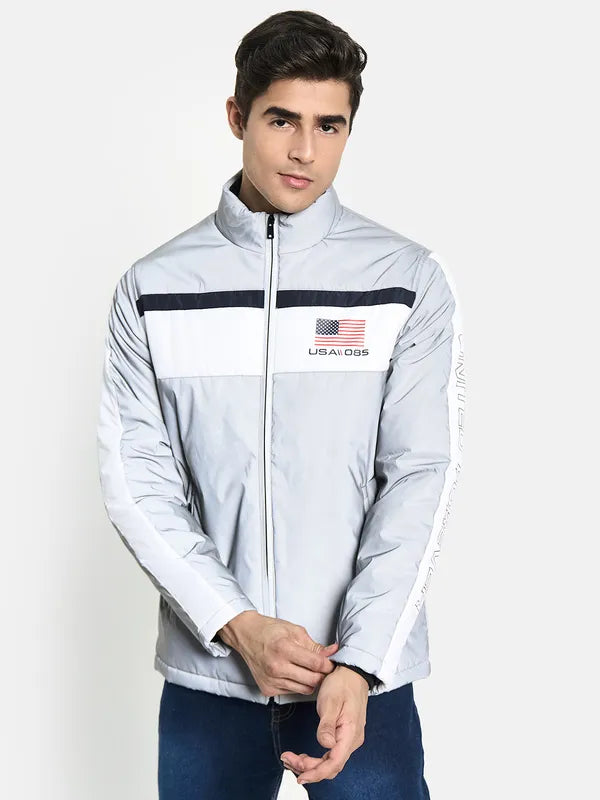 Men Grey Colourblocked Biker Jacket With Patchwork