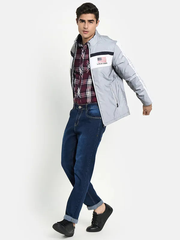 Men Grey Colourblocked Biker Jacket With Patchwork