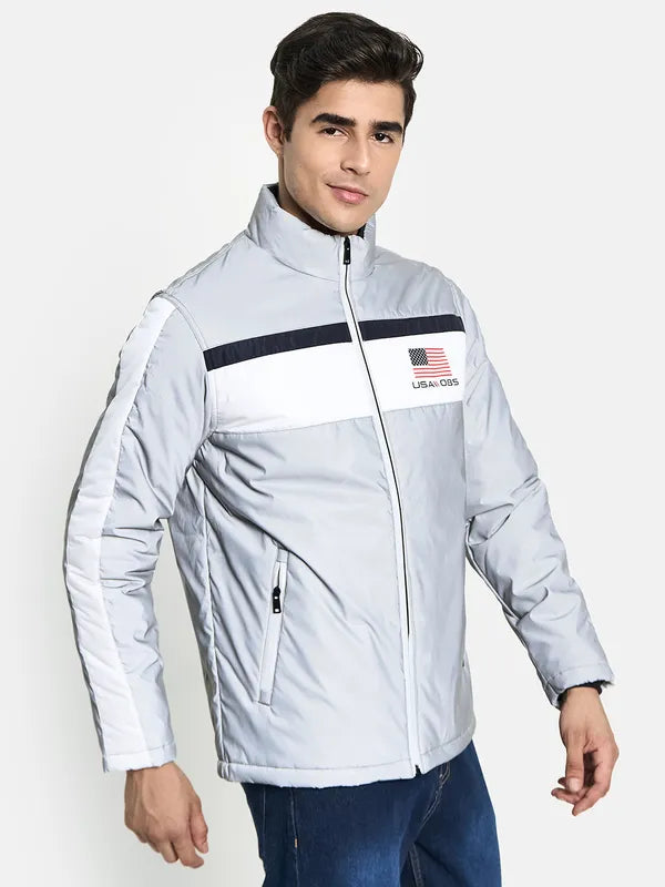 Men Grey Colourblocked Biker Jacket With Patchwork