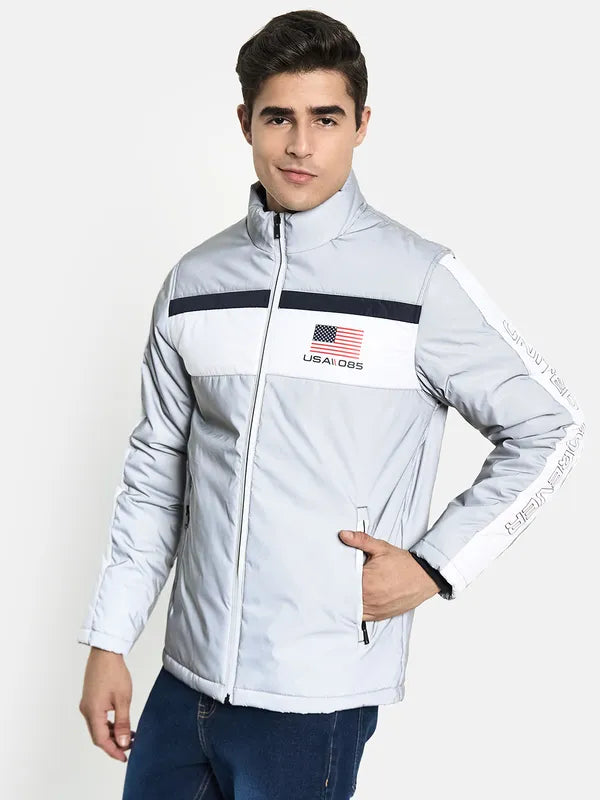 Men Grey Colourblocked Biker Jacket With Patchwork