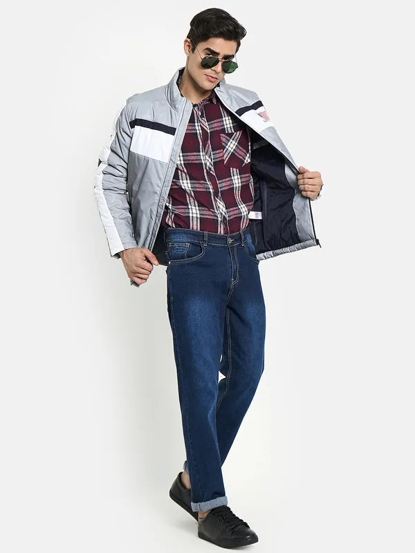 Men Grey Colourblocked Biker Jacket With Patchwork