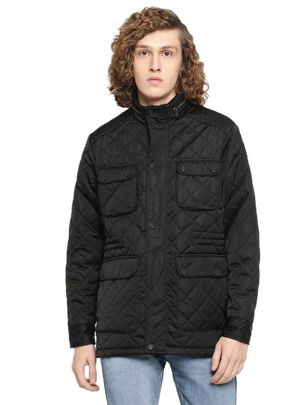 Mettle Men Black Longline Quilted Jacket With Patchwork