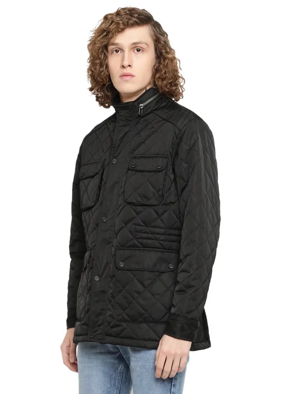 Mettle Men Black Longline Quilted Jacket With Patchwork