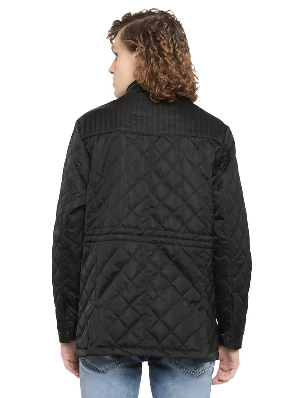 Mettle Men Black Longline Quilted Jacket With Patchwork