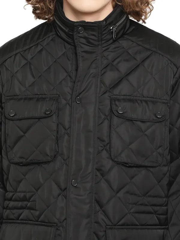 Mettle Men Black Longline Quilted Jacket With Patchwork