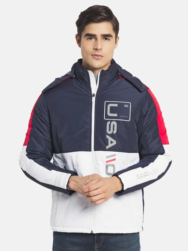 Mettle Men Navy Blue Colourblocked Padded Jacket With Patchwork