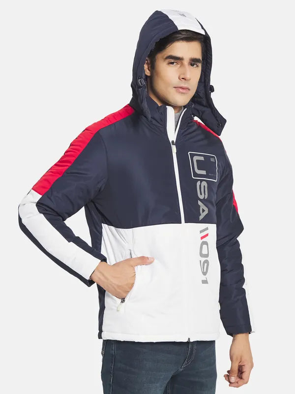 Mettle Men Navy Blue Colourblocked Padded Jacket With Patchwork