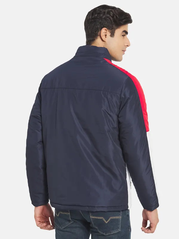 Mettle Men Navy Blue Colourblocked Padded Jacket With Patchwork