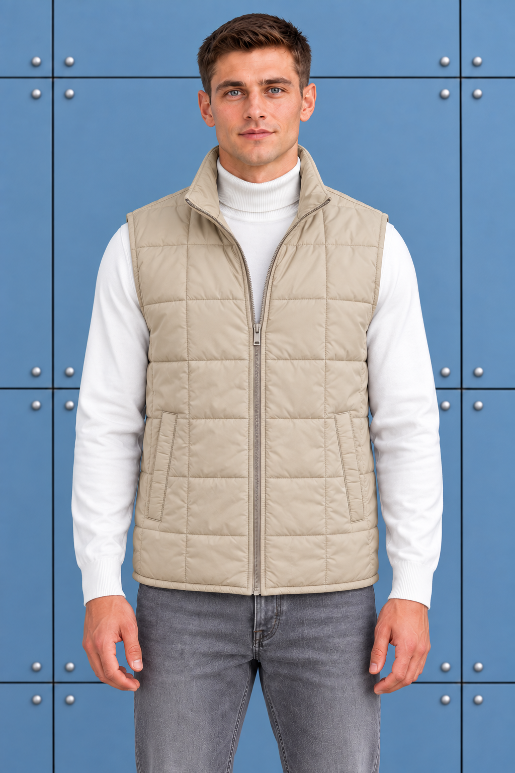 Men’s Beige Lightweight Reversible Woven Puffer Gilet – Regular Fit Sleeveless Jacket