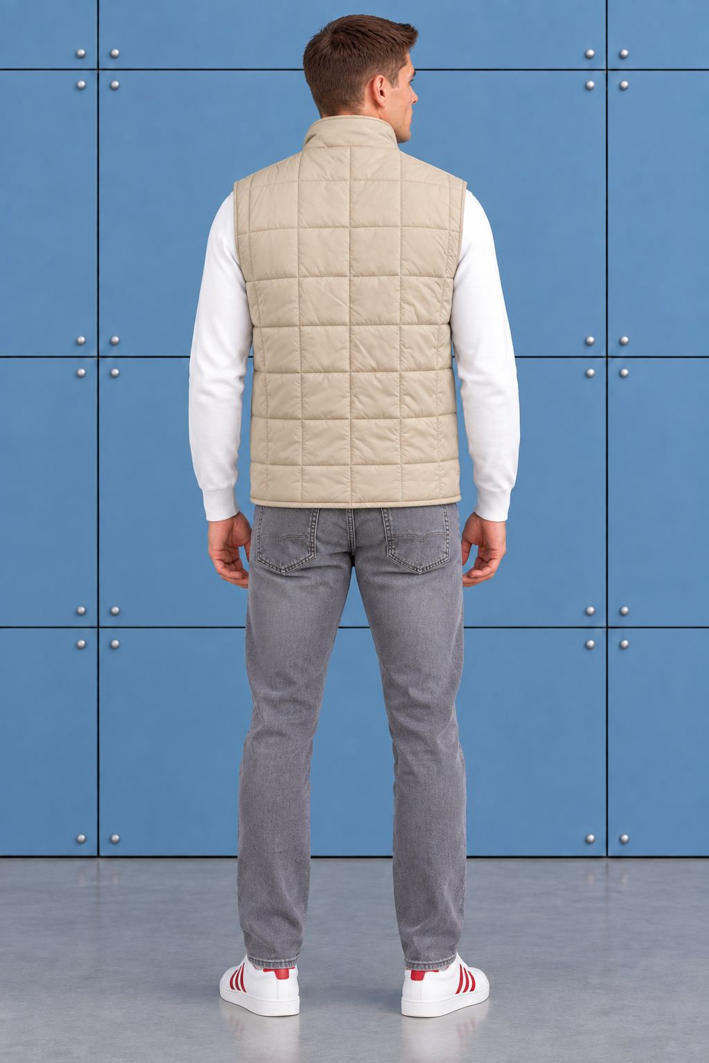 Men’s Beige Lightweight Reversible Woven Puffer Gilet – Regular Fit Sleeveless Jacket