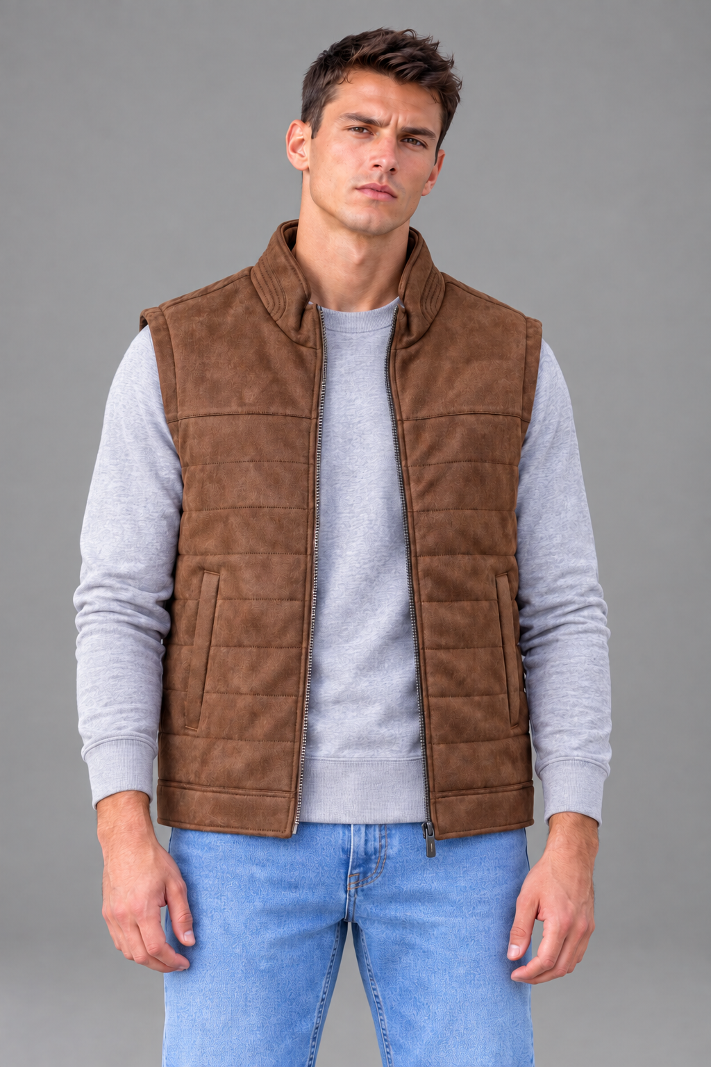Men’s Regular Fit Suede Woven Gilet – Cocoa Brown Full-Zip Sleeveless Jacket