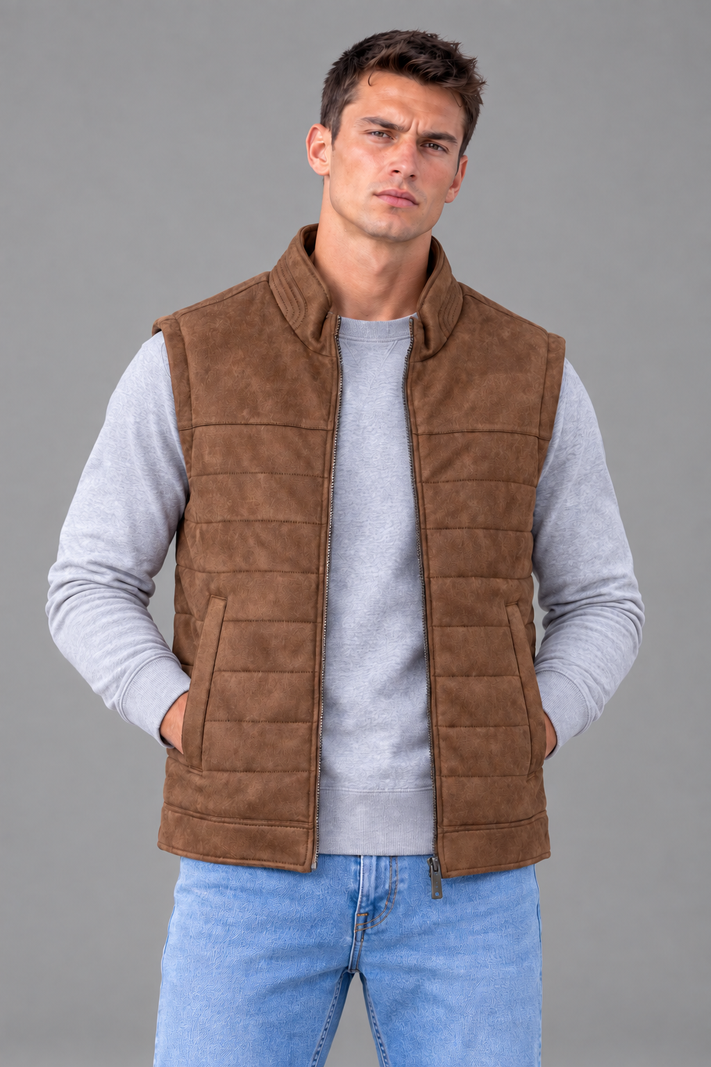 Men’s Regular Fit Suede Woven Gilet – Cocoa Brown Full-Zip Sleeveless Jacket